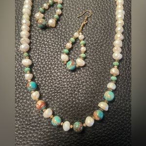 Freshwater Pearls with Kingman Turquoise Beads Necklace and Earrings Set